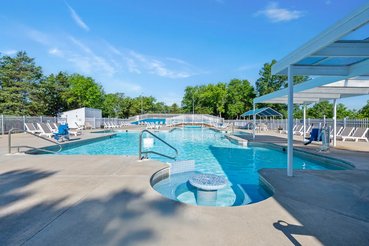 An inviting outdoor swimming pool surrounded by lounge chairs, a hot tub, and lush greenery. The setting is lively yet relaxing, with guests swimming, sunbathing, and socializing, all framed by the natural beauty of the Ozarks.