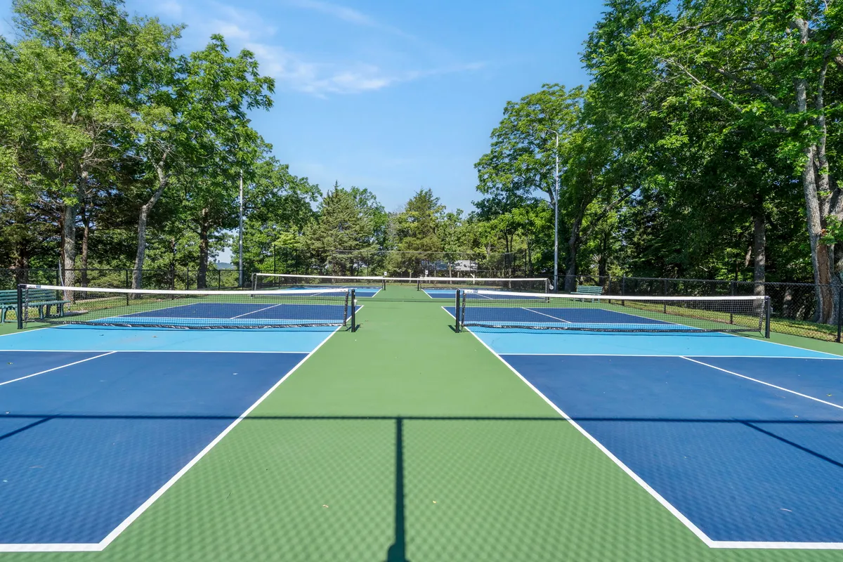 A well-maintained tennis (pickleball) court set amidst green trees, with clear lines and netting. The area is active and energetic, showing guests engaged in play or casual gatherings, with the natural surroundings emphasizing outdoor recreation.